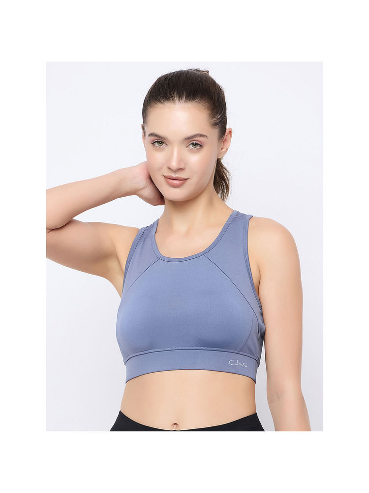 Clovia Polyester Spandex Solid Padded Full Cup Wire Free Sports Bra - Blue-image-48