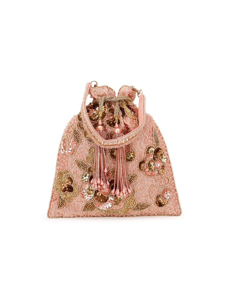 Anekaant Dangle Dusky Pink and Gold Floral Embellished Faux Silk Potli