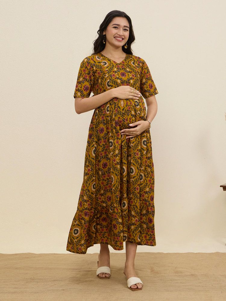 MomToBe Women's Cotton Mustard Yellow Maternity Dress-picture-22