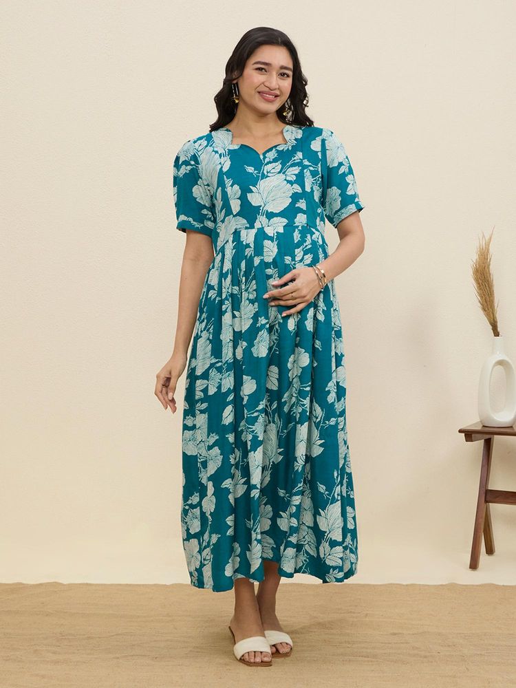 MomToBe Women's Cotton Teal Blue Maternity Dress-picture-11