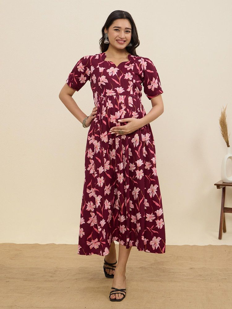 MomToBe Women's Cotton Wine Pink Maternity Dress-image-2