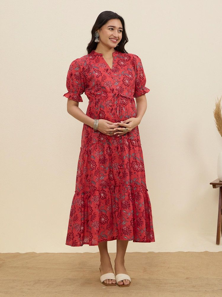 MomToBe Women's Cotton Peach Pink Maternity Dress-image-21