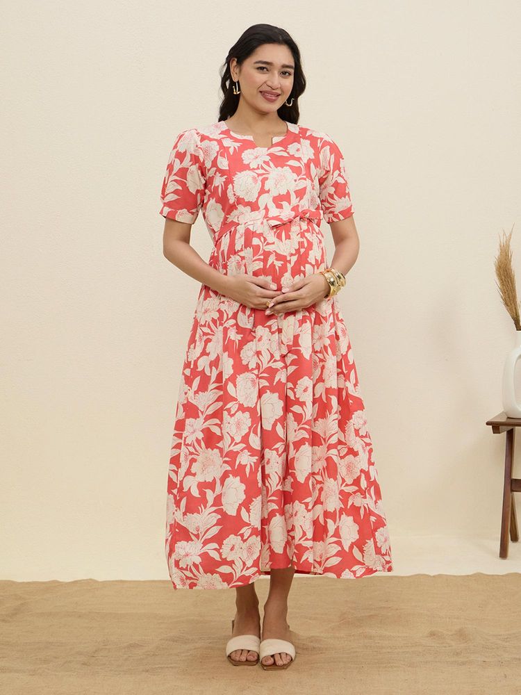 MomToBe Women's Cotton Creamy Peach Maternity Dress-image-20