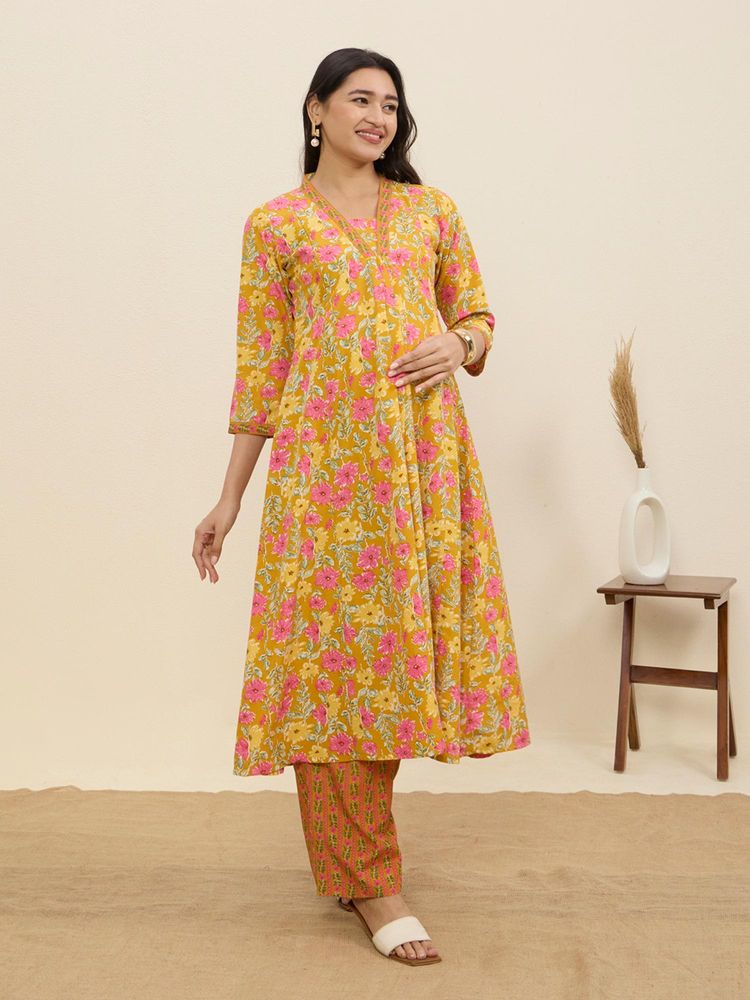 MomToBe Women Floral Printed Cotton Kurta with Trousers-image-6