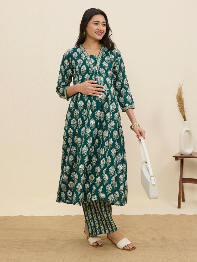 MomToBe Women's Cotton Castleton Green Maternity Kurta and Trouser-image-4