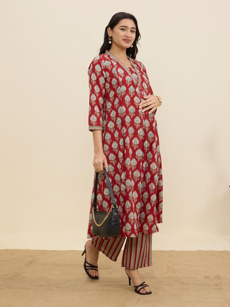 MomToBe Women's Cotton Carmine Red Maternity Kurta and Trouser-picture-24