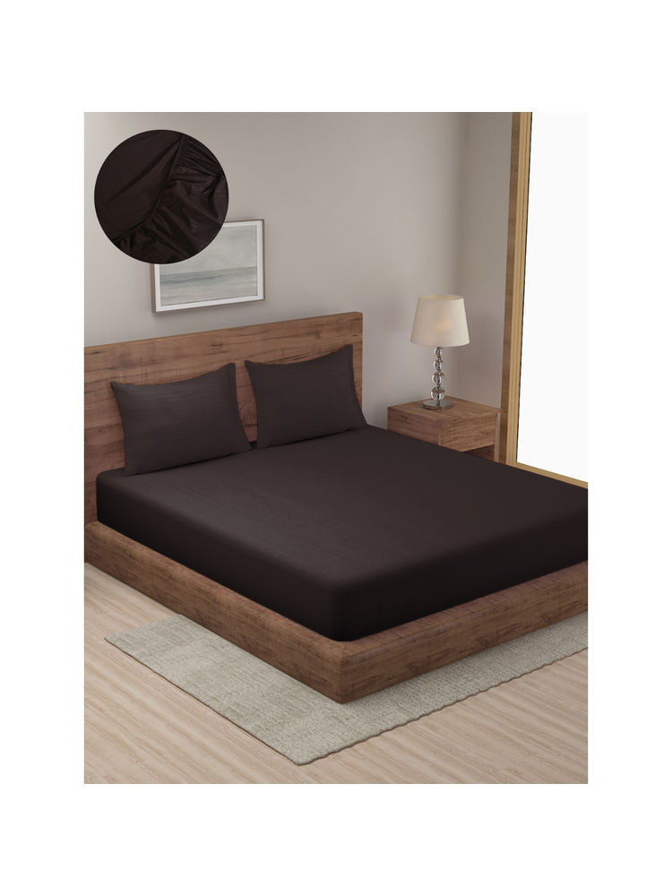 HOSTA HOMES Brown Striped 300 TC Cotton Fitted Bedsheet with 2 Pillow Covers (King)-image-2