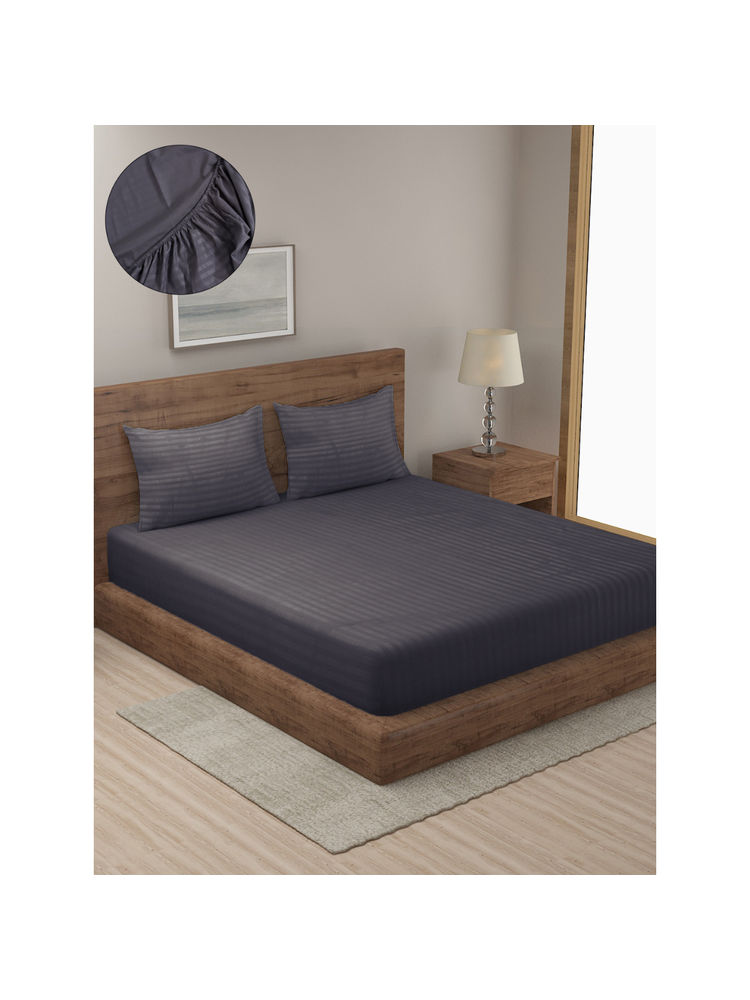 HOSTA HOMES Grey Striped 300 TC Cotton Fitted Bedsheet with 2 Pillow Covers (King)-image-39