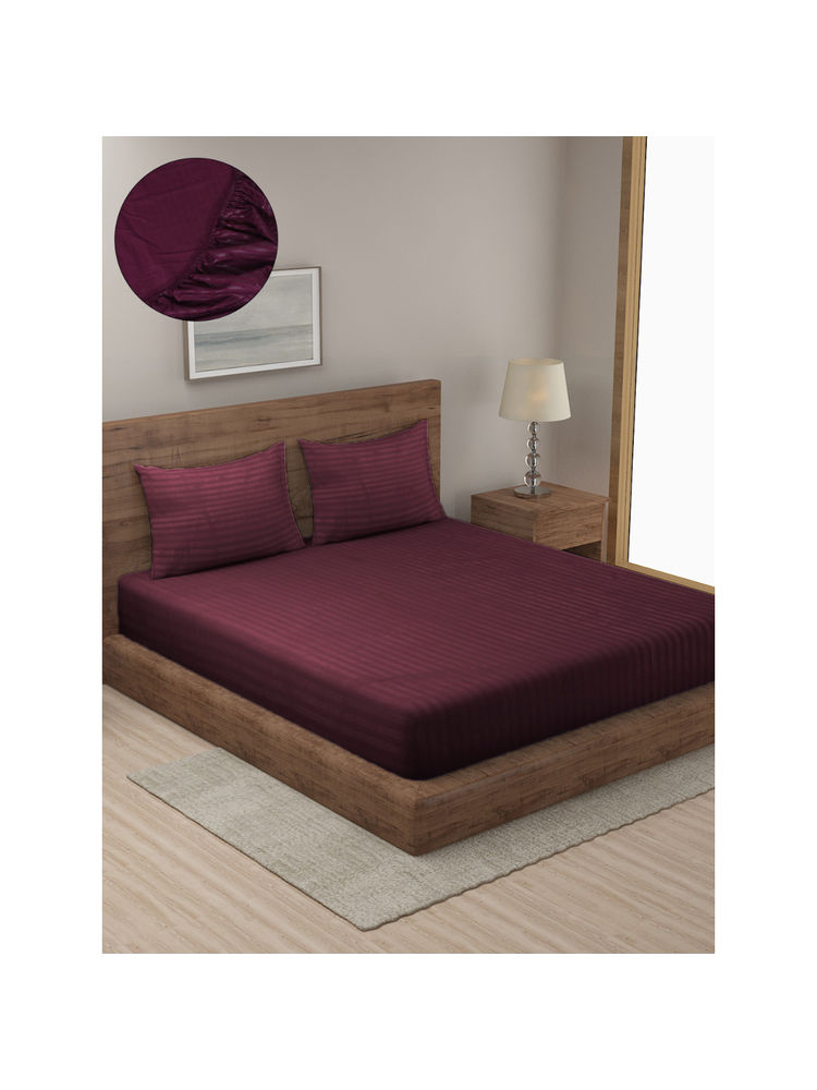 HOSTA HOMES Purple Striped 300 TC Cotton Fitted Bedsheet with 2 Pillow Covers (King)-picture-12