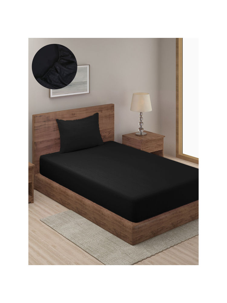 HOSTA HOMES Black Striped 300 TC Fitted Bedsheet with 1 Pillow Cover (Single)-picture-18