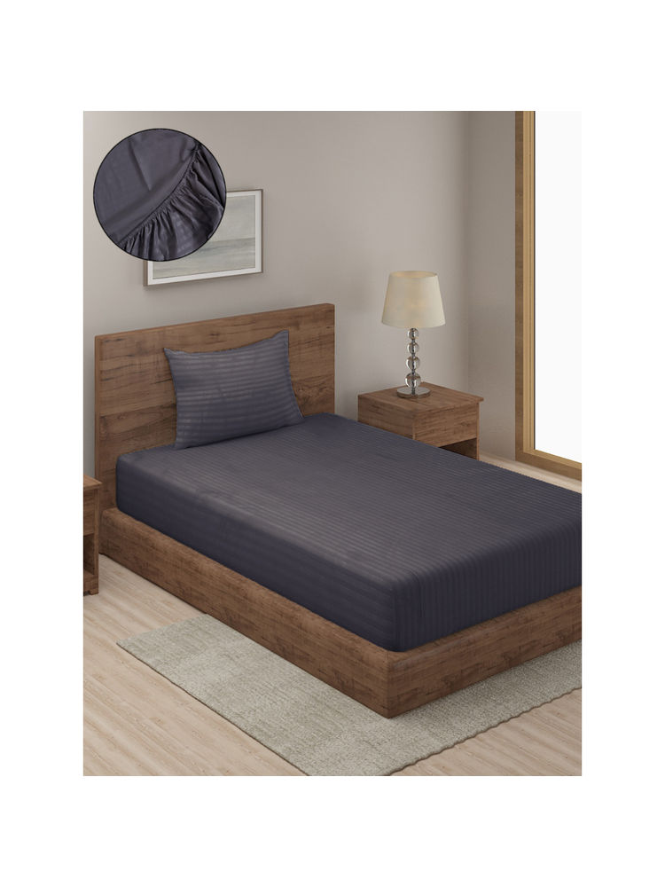 HOSTA HOMES Grey Striped 300 TC Fitted Bedsheet with 1 Pillow Cover (Single)-picture-22