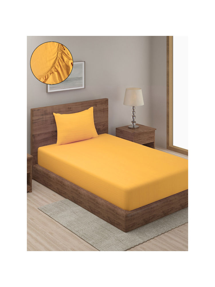 HOSTA HOMES Yellow Striped 300 TC Fitted Bedsheet with 1 Pillow Cover (Single)-image-6