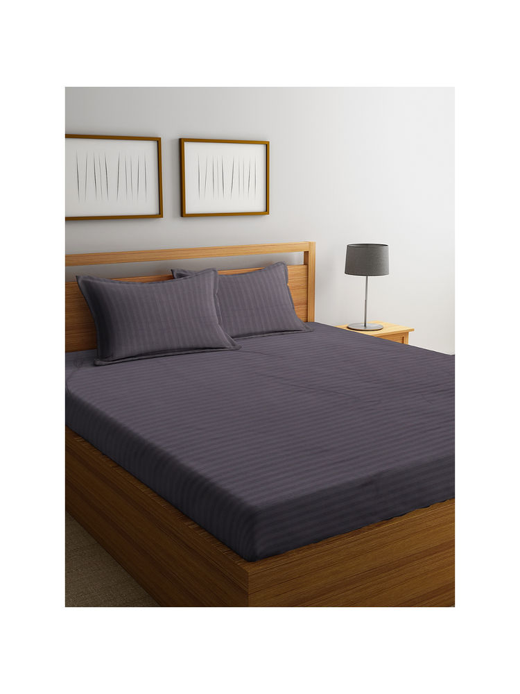 HOSTA HOMES Grey Striped 300 TC Cotton 1 Bedsheet with 2 Pillow Covers (King)-picture-11