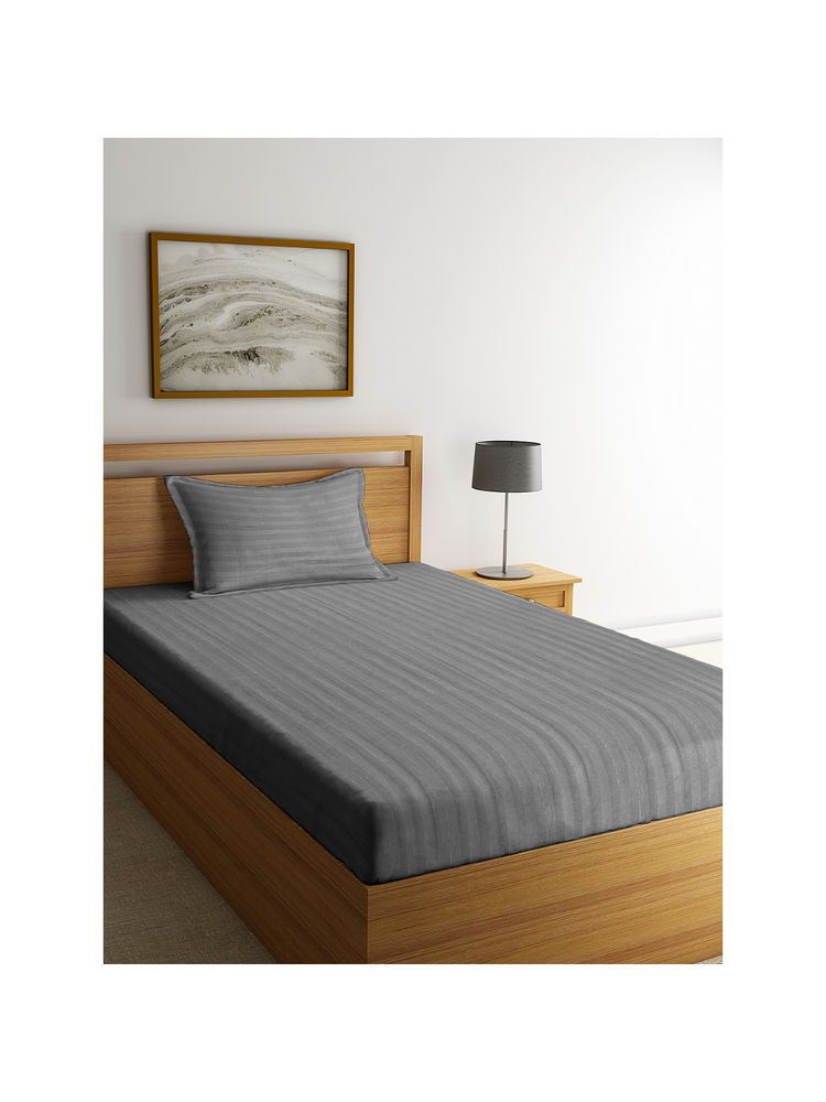 HOSTA HOMES Grey Striped 260 TC Cotton 1 Bedsheet with 1 Pillow Cover (Single)-picture-24