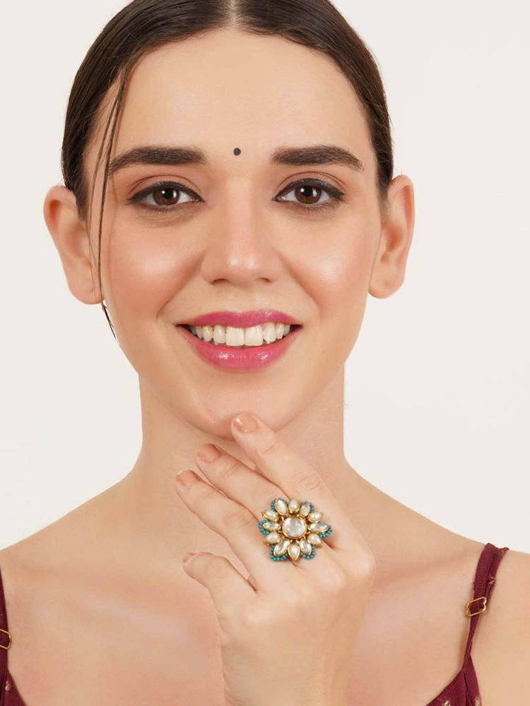 BeAbhika Blue Adjustable Kundan Cocktail Ring-image-18