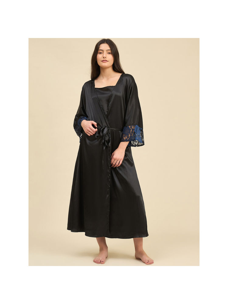The Kaftan Company Black Satin Lace-Trimmed Nightdress with Cover-Up (Set of 2)-picture-18