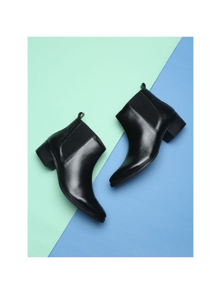 Teakwood Black Genuine Leather Mid Top Boots
