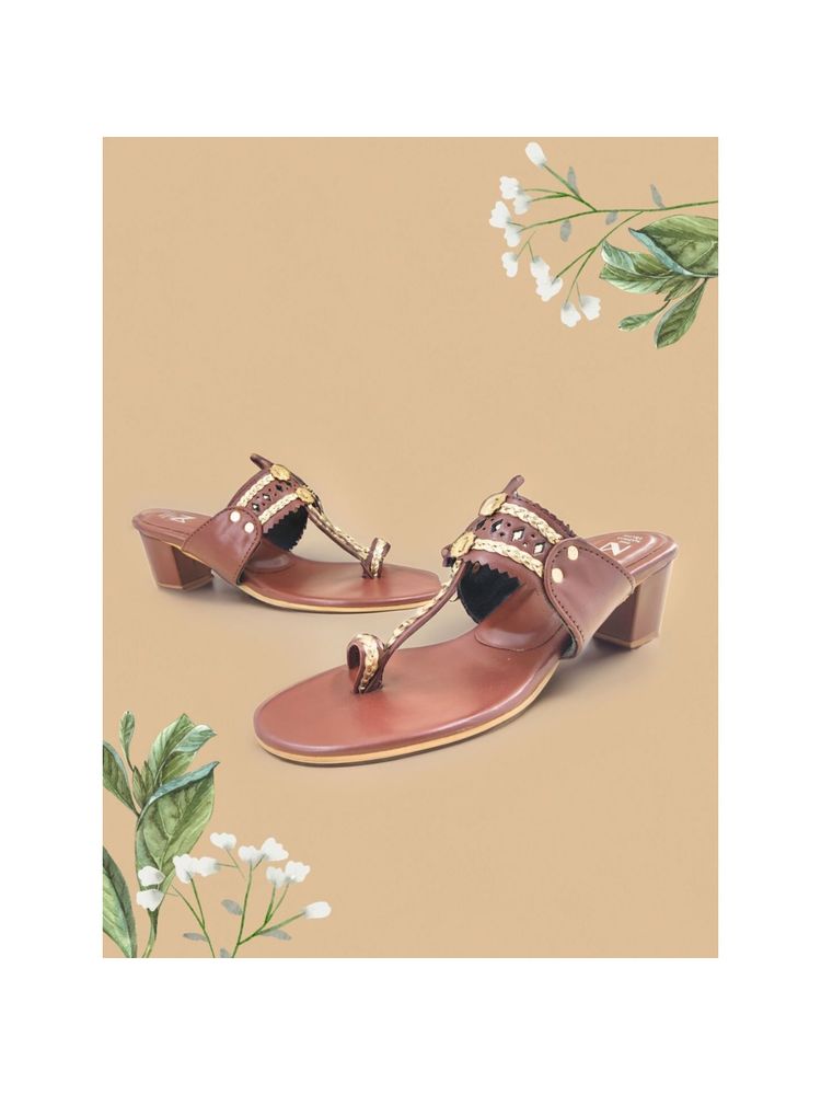 The Madras Trunk Women Two Inch Block Heels Kolhapuris In Brown-image-15