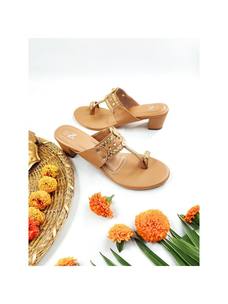 The Madras Trunk Women Two Inch Block Heels Kolhapuris In Tan-image-37