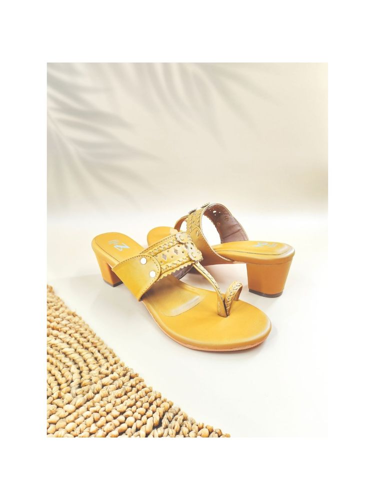 The Madras Trunk Women Two Inch Block Heels Kolhapuris In Yellow-image-2