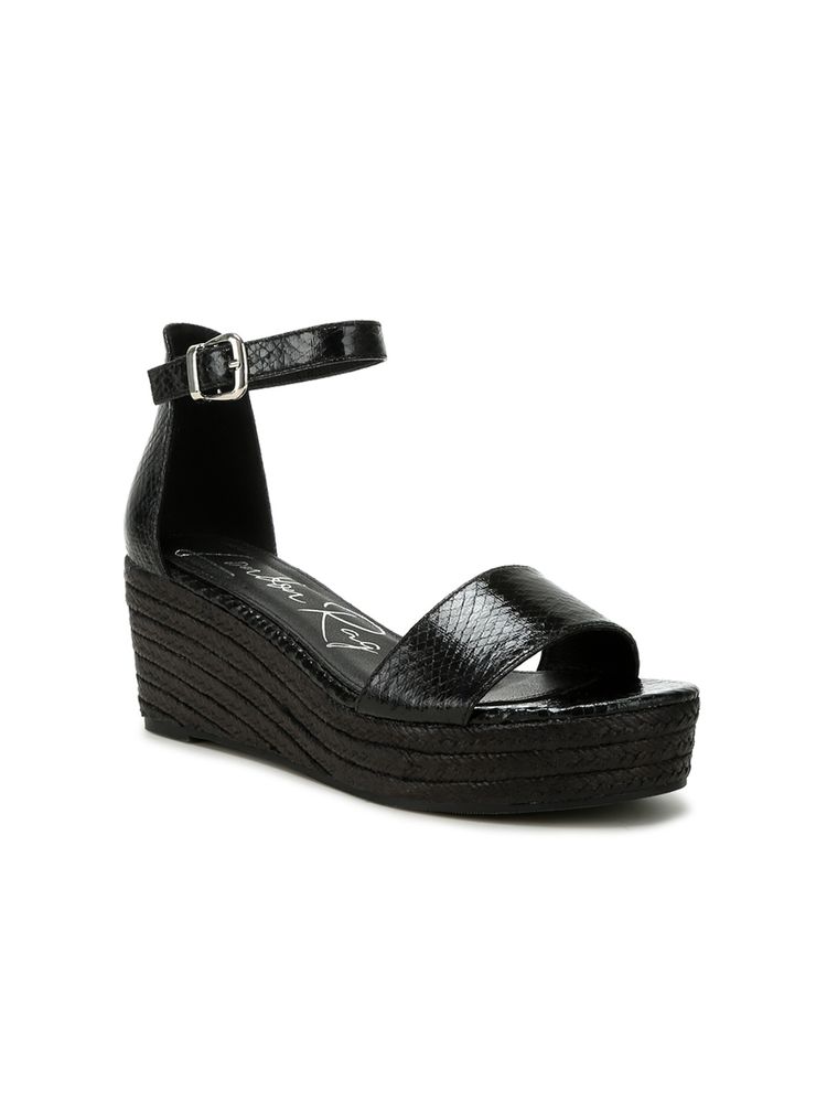 London Rag Faux Leather Snake Wedge Espadrilles - Black-image-2
