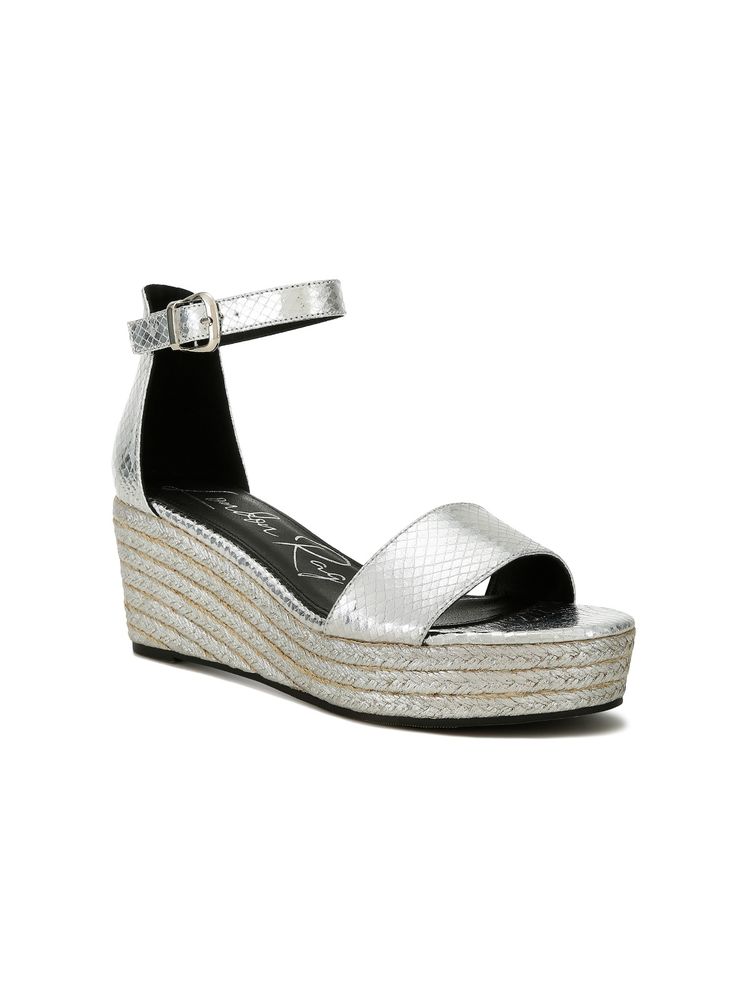 London Rag Faux Leather Snake Wedge Espadrilles - Silver