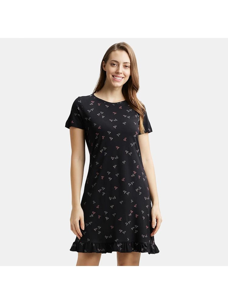 Jockey RX25 Women Micro Modal Cotton Printed Sleep Dress - Black-image-4