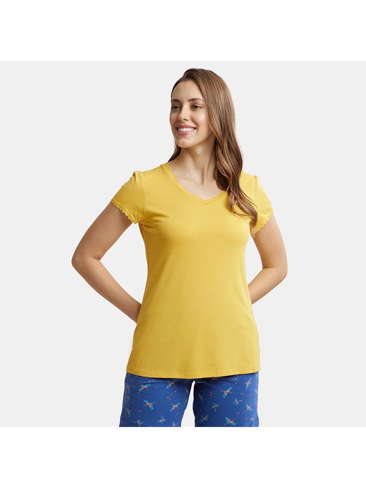 Jockey RX12 Women Micro Modal Cotton Relaxed Fit Solid V Neck T-Shirt - Yolk Yellow-picture-26