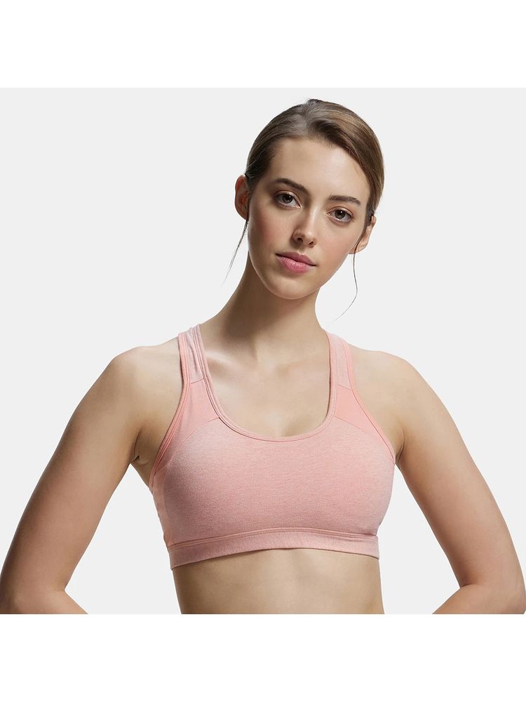 Jockey 1380 Wirefree Padded Cotton Elastane Active Bra-Desert Flower Melange & Coral