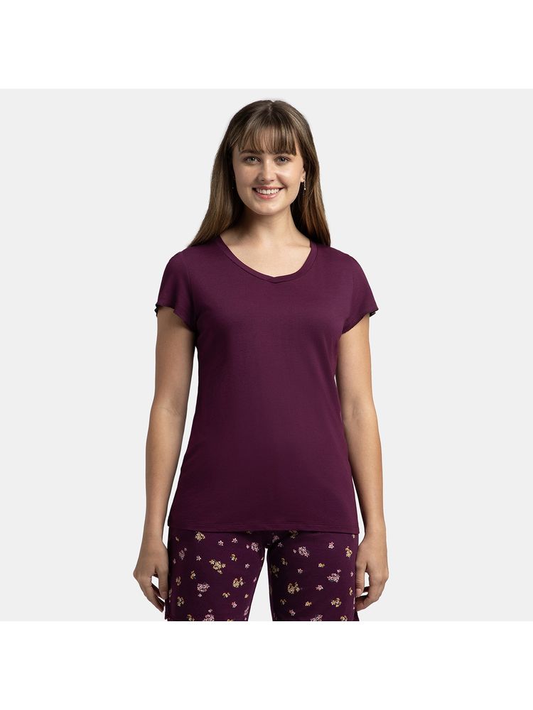 Jockey RX12 Women Micro Modal Cotton Relaxed Fit Solid V Neck T-Shirt - Purple Wine-image-5