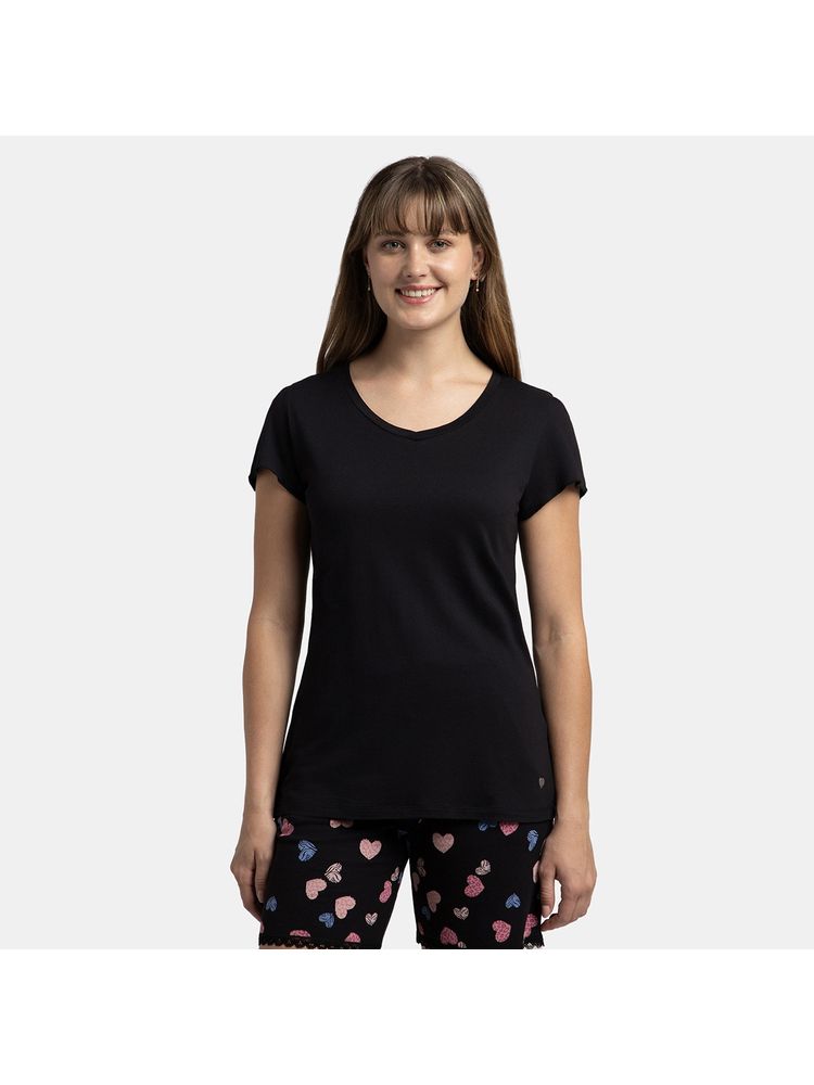 Jockey RX12 Women Micro Modal Cotton Relaxed Fit Solid V Neck T-Shirt - Black-image-15