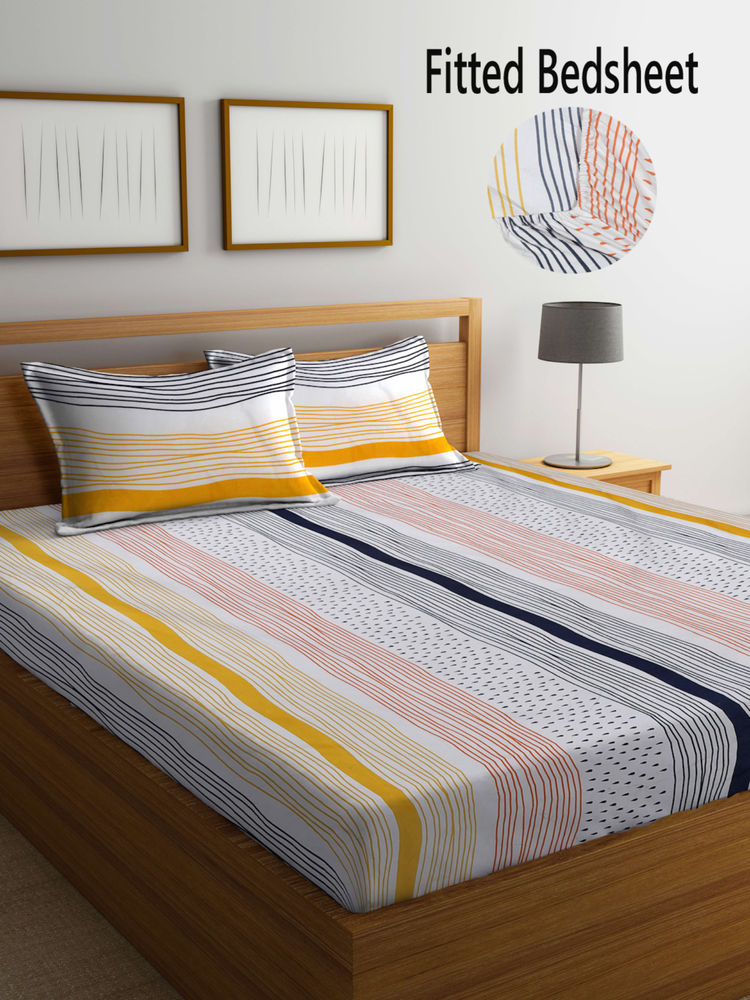 FABINALIV Multi-Color Striped 300 TC Cotton Blend Fitted Bedsheet with 2 Pillow Covers (King)-image-28