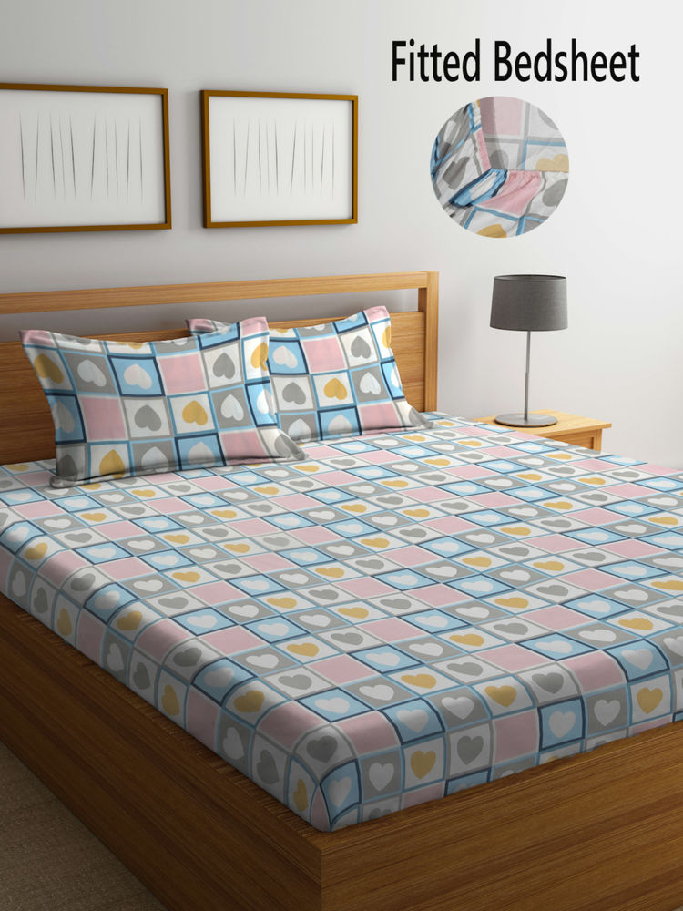 FABINALIV Multi-Color Geometric 300 TC Cotton Blend Fitted Bedsheet with 2 Pillow Covers (King)-image-15