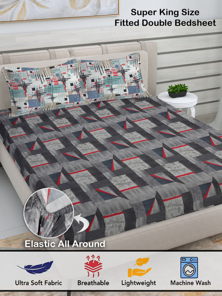 FABINALIV Grey Geometric 300 TC Cotton Blend Fitted Bedsheet with 2 Pillow Covers (King)-image-49