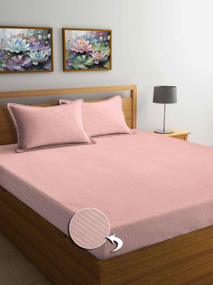 FABINALIV Peach Striped 300 TC Cotton Blend Fitted Bedsheet with 2 Pillow Covers (King)-image-18