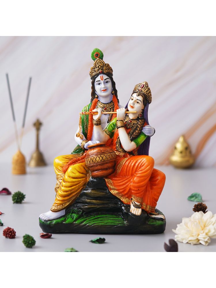 eCraftIndia Multicolor Radha Krishna Idol Sitting on Rock Playing Flute and Holding Matki-picture-12
