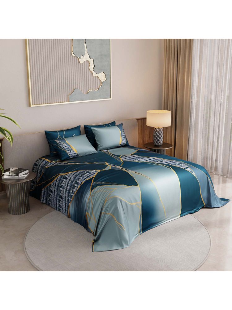 Stoa Paris Mosaic Symphony Teal Trance Printed Super King Bed Sheet with 4 Pillow Covers-image-10