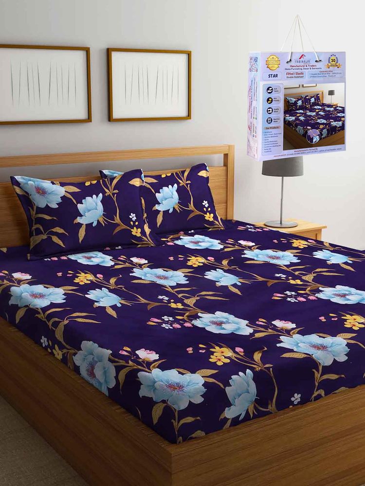 FABINALIV Purple Floral Cotton Blend King Fitted Double Bedsheet with 2 Pillow Covers-image-13