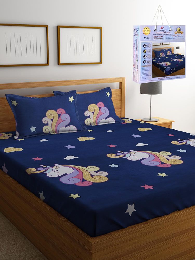FABINALIV Navy Blue Cartoon Print Cotton Blend King Fitted Double Bedsheet with 2 Pillow Covers-image-17