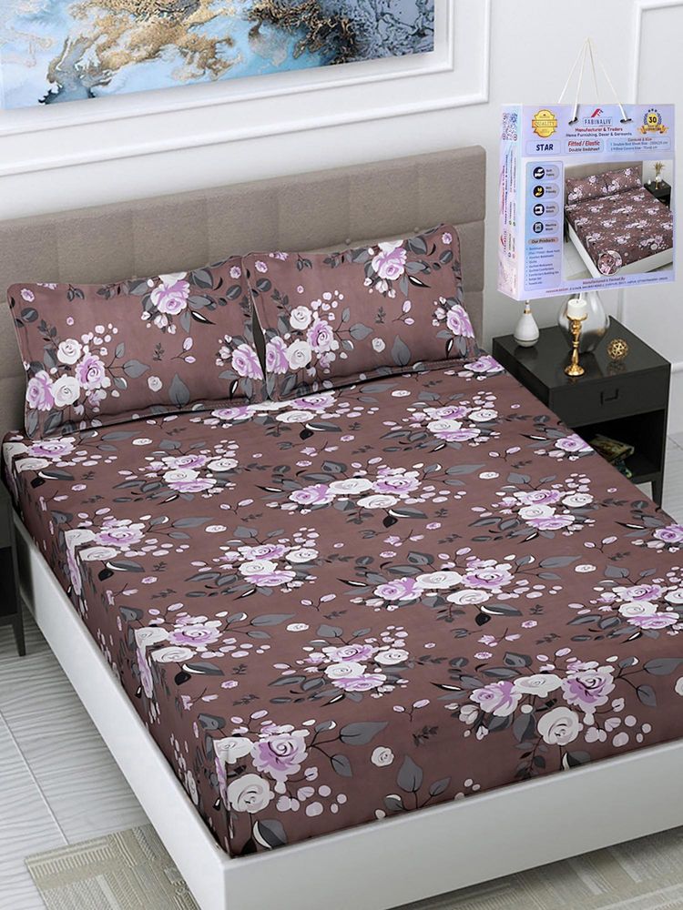 FABINALIV Brown Floral Cotton Blend King Fitted Double Bedsheet with 2 Pillow Covers-image-33