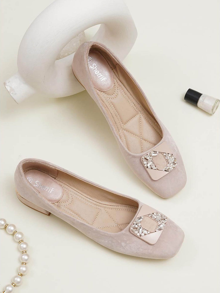 Sherrif Shoes Stylish Pumps with Velvet Finish Block Heels for Women - Cream-image-40