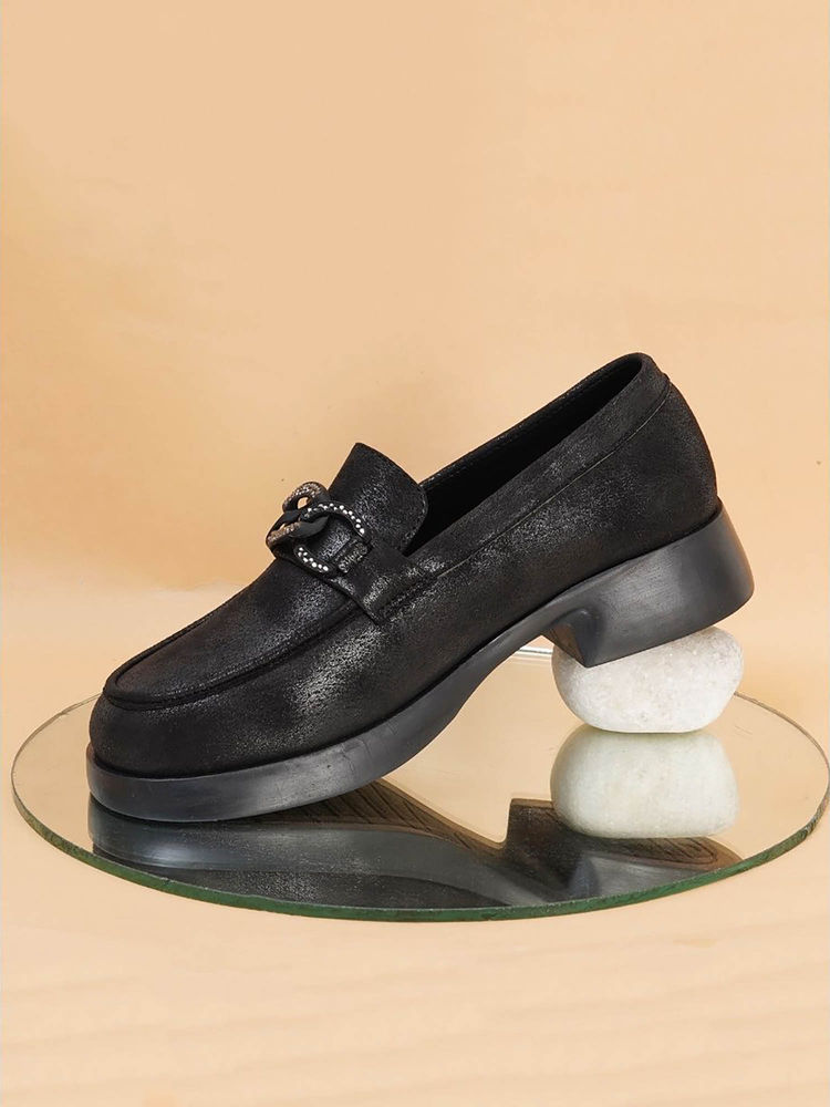 Sherrif Shoes Women Suede with Chain Detail Black Slip-On Loafers-picture-28