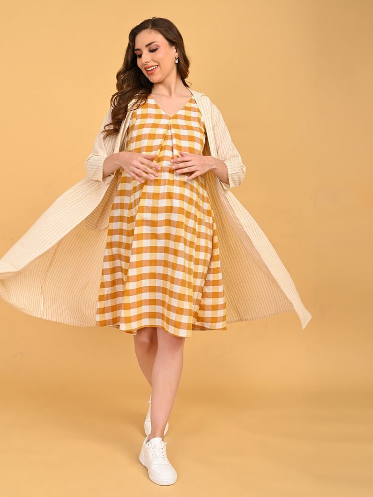 The Mom Store Mustard Stripes A-Line Dress and Shrug-image-46