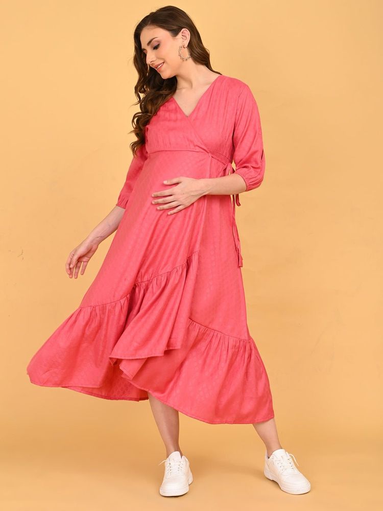 The Mom Store Pink Self Design Wrap Dress-image-1