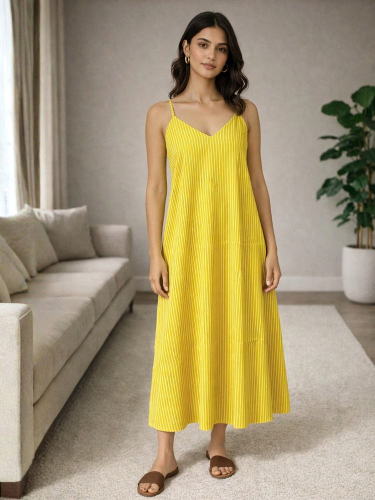 FEATHERS CLOSET Yellow Stripes Regular Dress-image-15