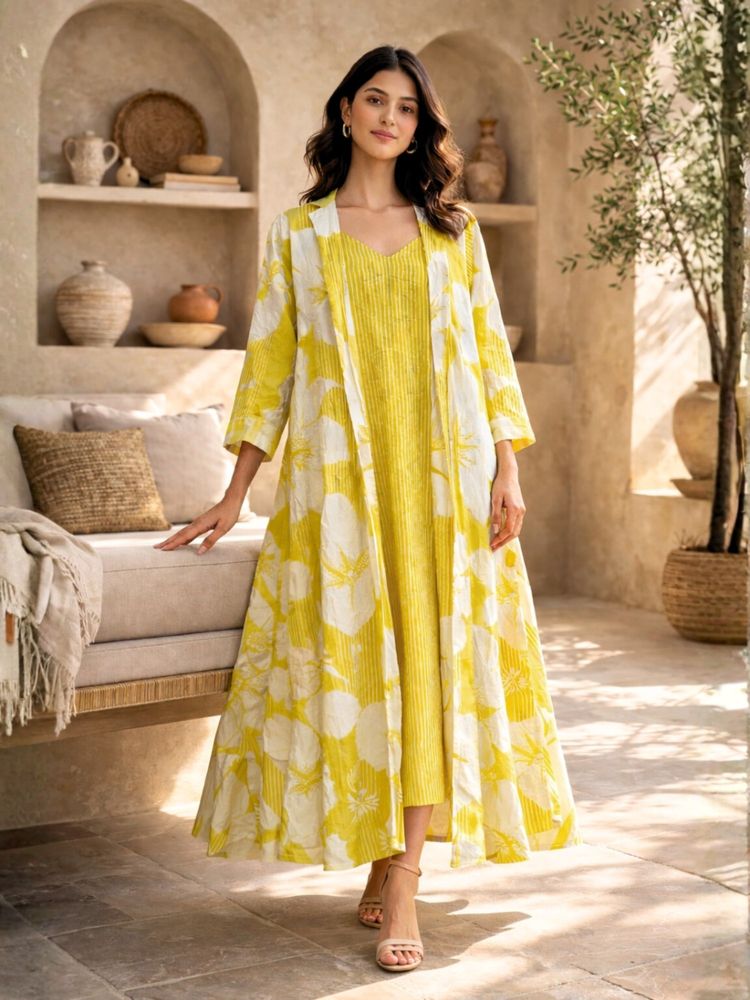 FEATHERS CLOSET Yellow Floral Regular Dress and Robe-image-4