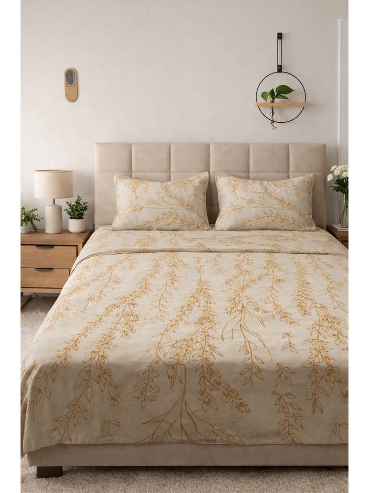 BAJO'S Beige Floral Cotton Fitted Bedsheet (King)-picture-19