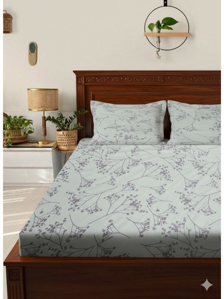 BAJO'S Purple-White Floral Cotton Fitted Bedsheet (King)-picture-27