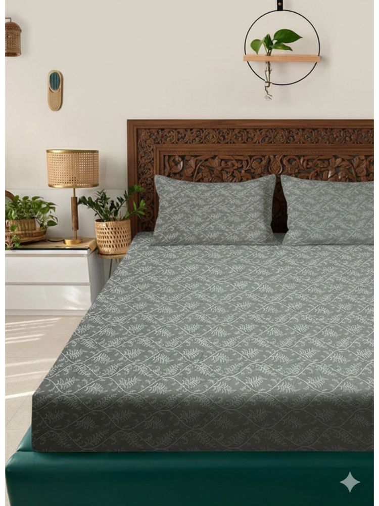 BAJO'S Grey Floral Cotton Fitted Bedsheet (King)-picture-20