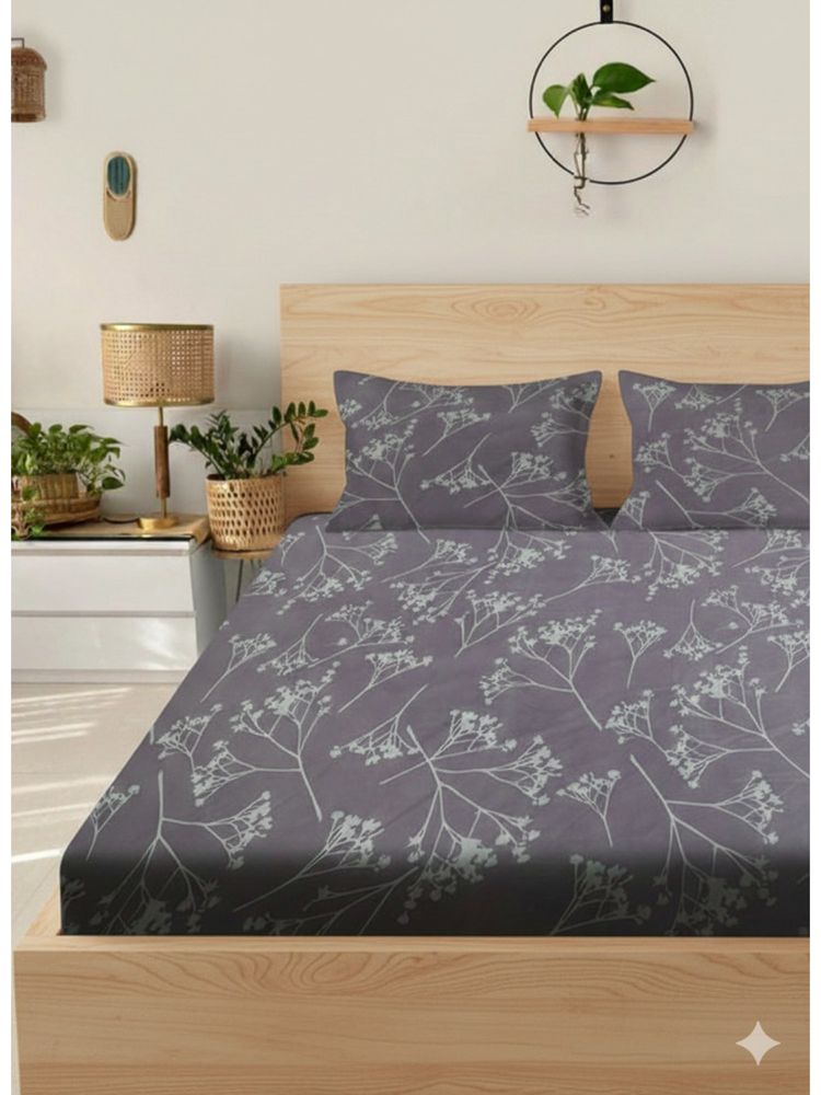BAJO'S Grey Floral Cotton Fitted Bedsheet (King)-picture-21